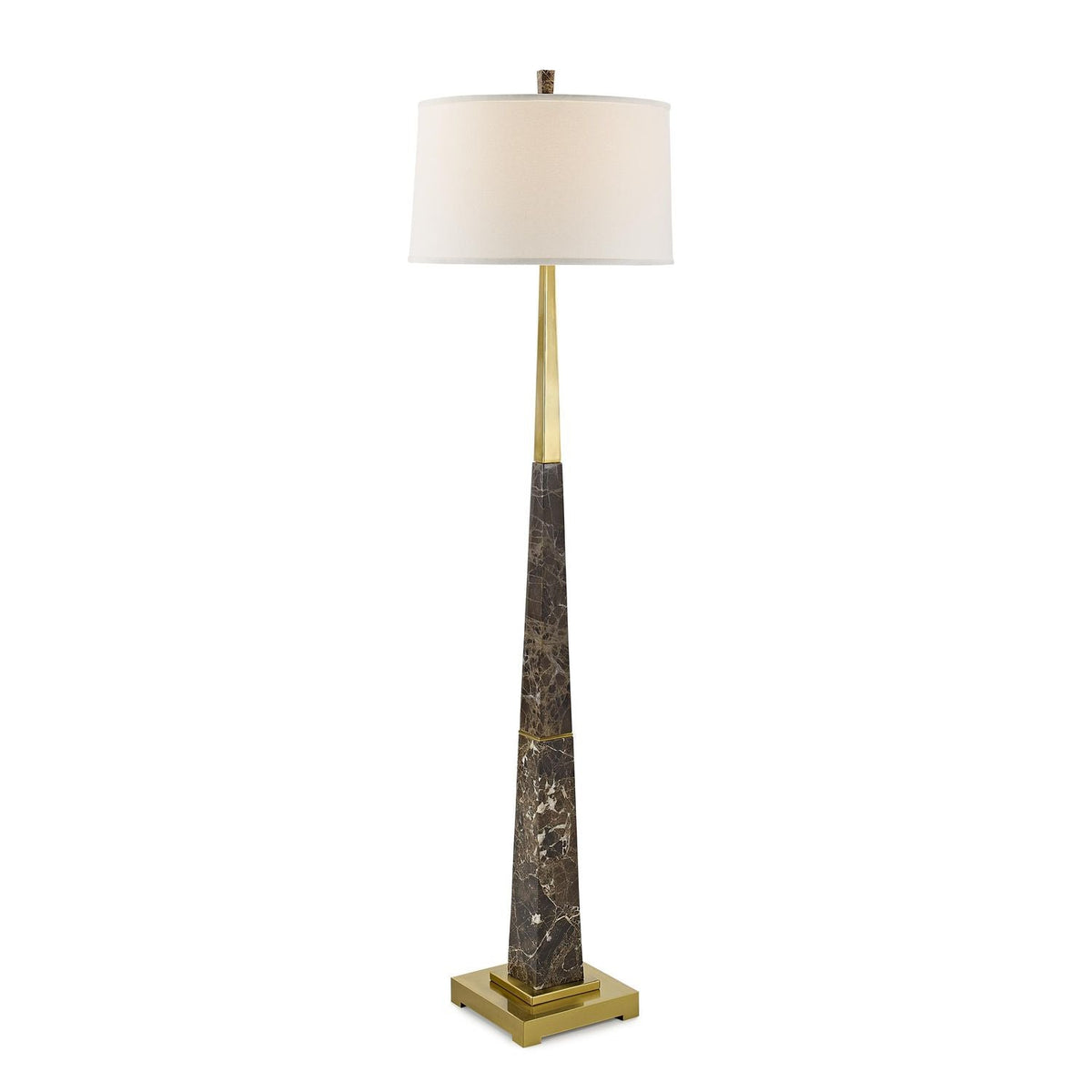 Apex Floor Lamp, shown in dark brown and ivory with marble, brass, and freestanding floor lamp.