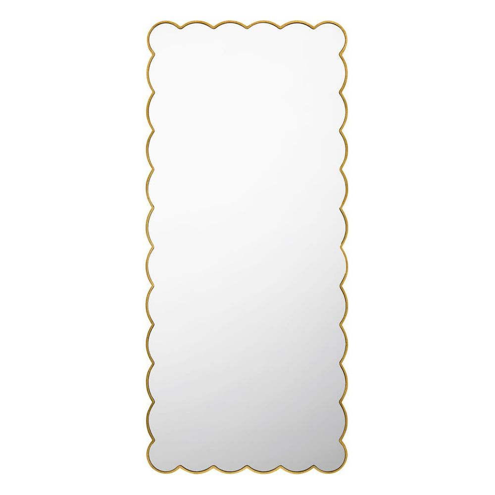 Wavy Horizon Mirror, shown in gold and silver with wood, glass, and a full-length reflective surface.