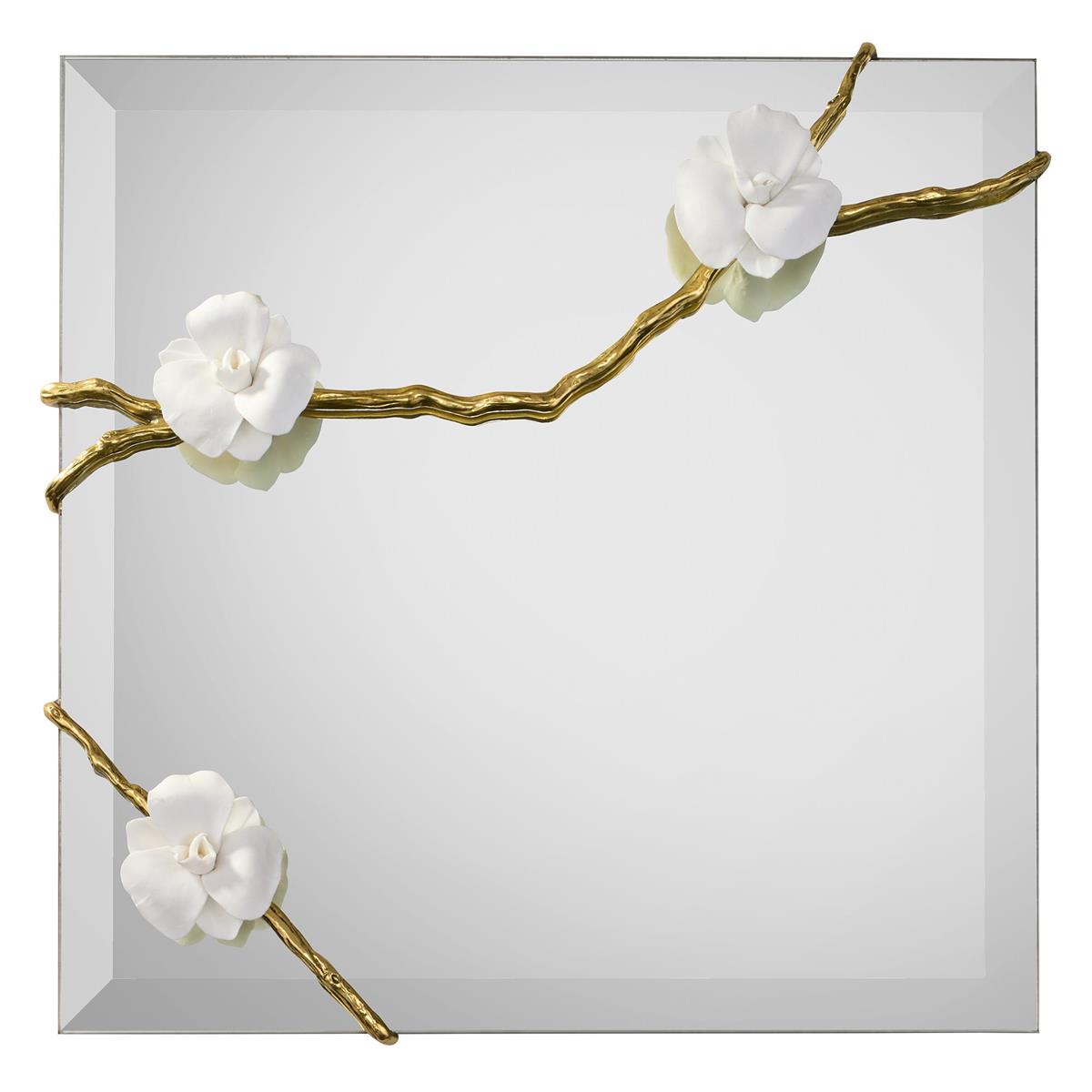 Wallflower Mirror II, shown in white and gold with glass, brass, and wall-mounting mirror.