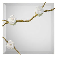 Wallflower Mirror II, shown in white and gold with glass, brass, and wall-mounting mirror.