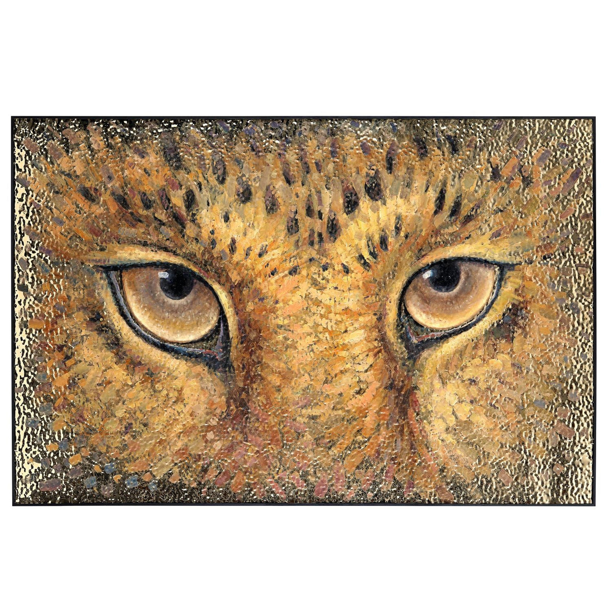 Tony Fey's Focused Gaze, shown in golden yellow and amber with canvas, paint, and framed wall-mounted artwork.