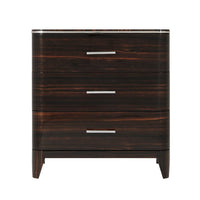The Knickerbocker Nightstand, shown in dark brown and espresso with wood veneer, metal, and three full-width drawers.