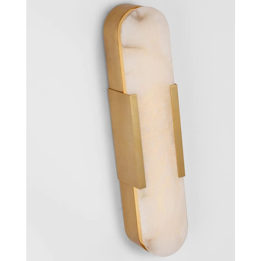 Alternate view of Margareth 20" Elongated Sconce, featuring satin metal finish, alabaster, brass, and wall-mounting hardware.