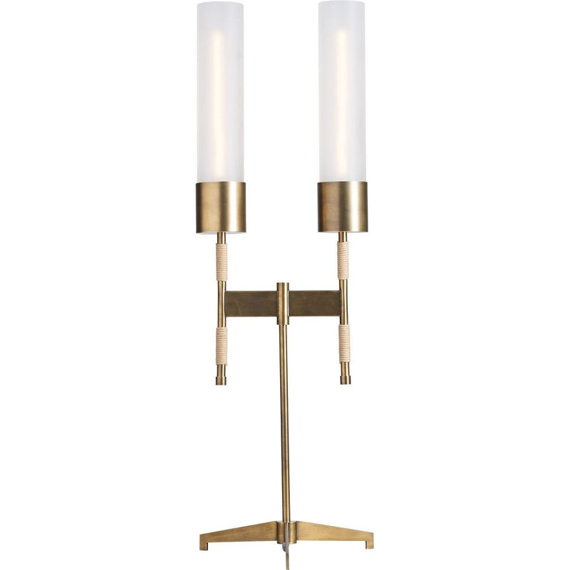 Tomales Table Lamp, shown in antique brass and frosted white with brass, frosted glass, and dual upright light sources.