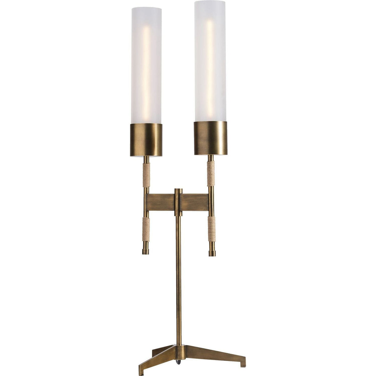 Additional view of Tomales Table Lamp, featuring brushed metal finish, brass, frosted glass, and dual upright light sources.