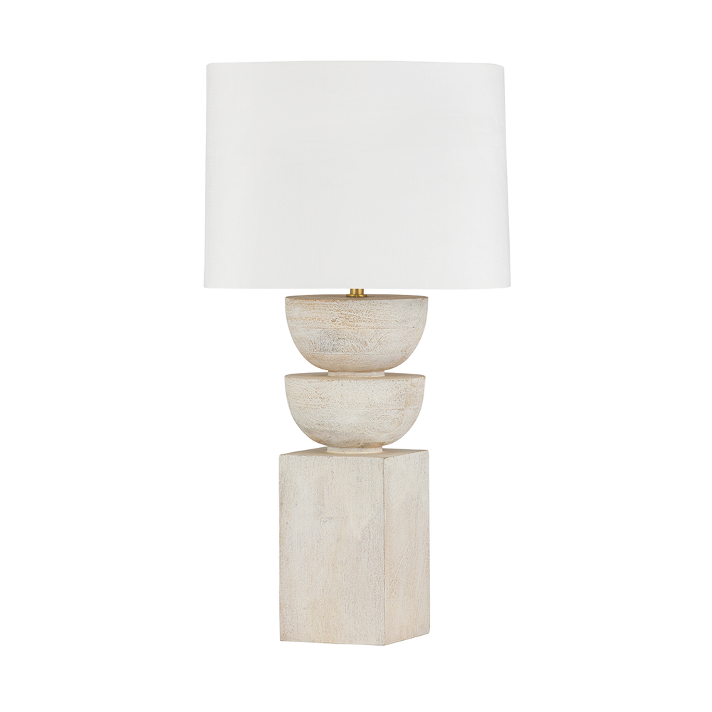 Gardiner Table Lamp, shown in off-white and cream with wood, fabric, and a stable weighted block base.