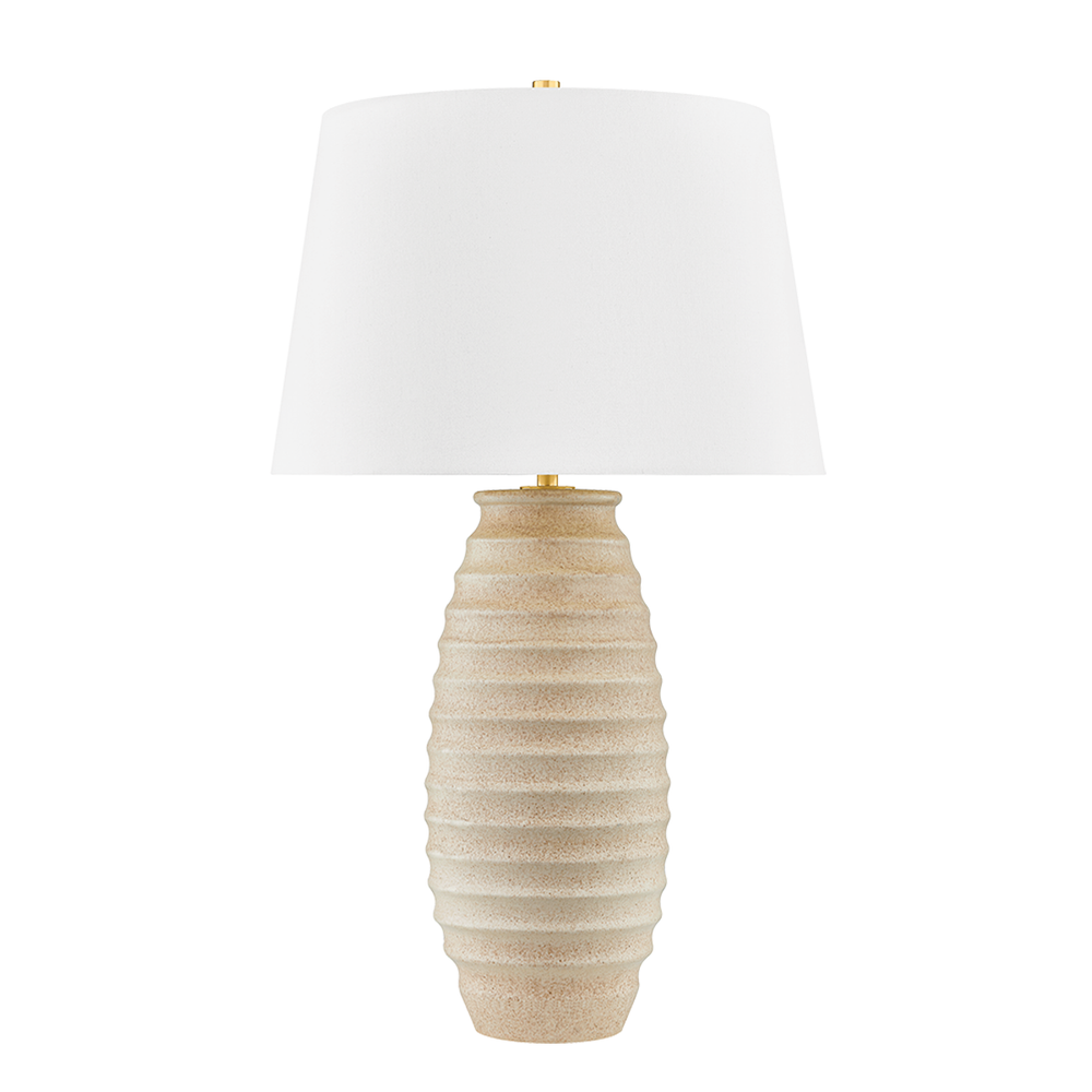 Haddam Table Lamp, shown in beige and white with ceramic, fabric, and a freestanding weighted table base.