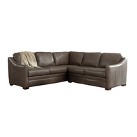 Eclipse L Corner Sectional, shown in taupe-brown and gray-brown with leather, wood, and l-shaped corner configuration.