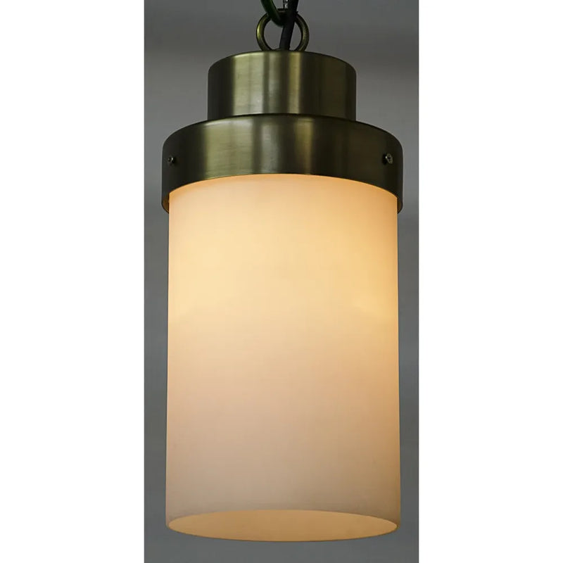 Eleonore Pendant, shown in antique brass and warm frosted white with brass, frosted glass, and ceiling-suspended pendant.