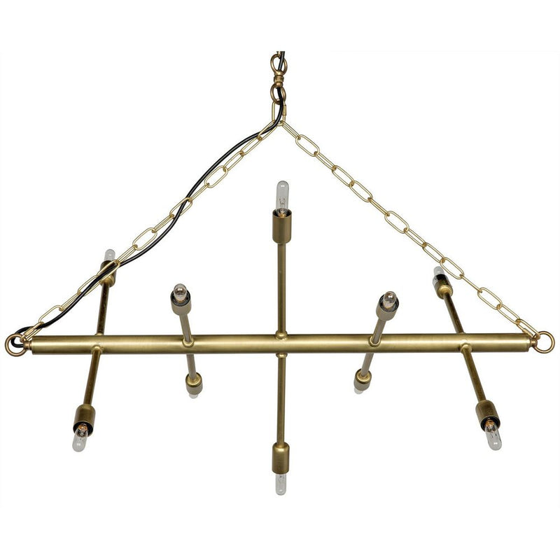 Sperato Chandelier, shown in antique brass and warm gold with metal, brass, and a chain-suspended ceiling mount.
