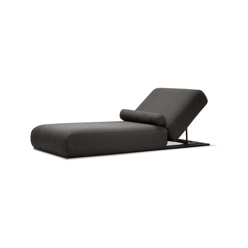 Bondi Lounger Chair Charcoal Sunbrella Fabric Black Aluminum Frame in charcoal and dark gray.