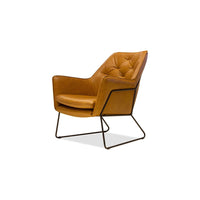 Jasmine Lounge Chair Vintage Whiskey Leather Black Powder Coated Legs with leather, metal, and fixed upholstered arms.