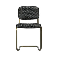 0037 Dining Cantilever Side Chair, shown in black and antique brass with leather, metal, and a cantilever sled base.