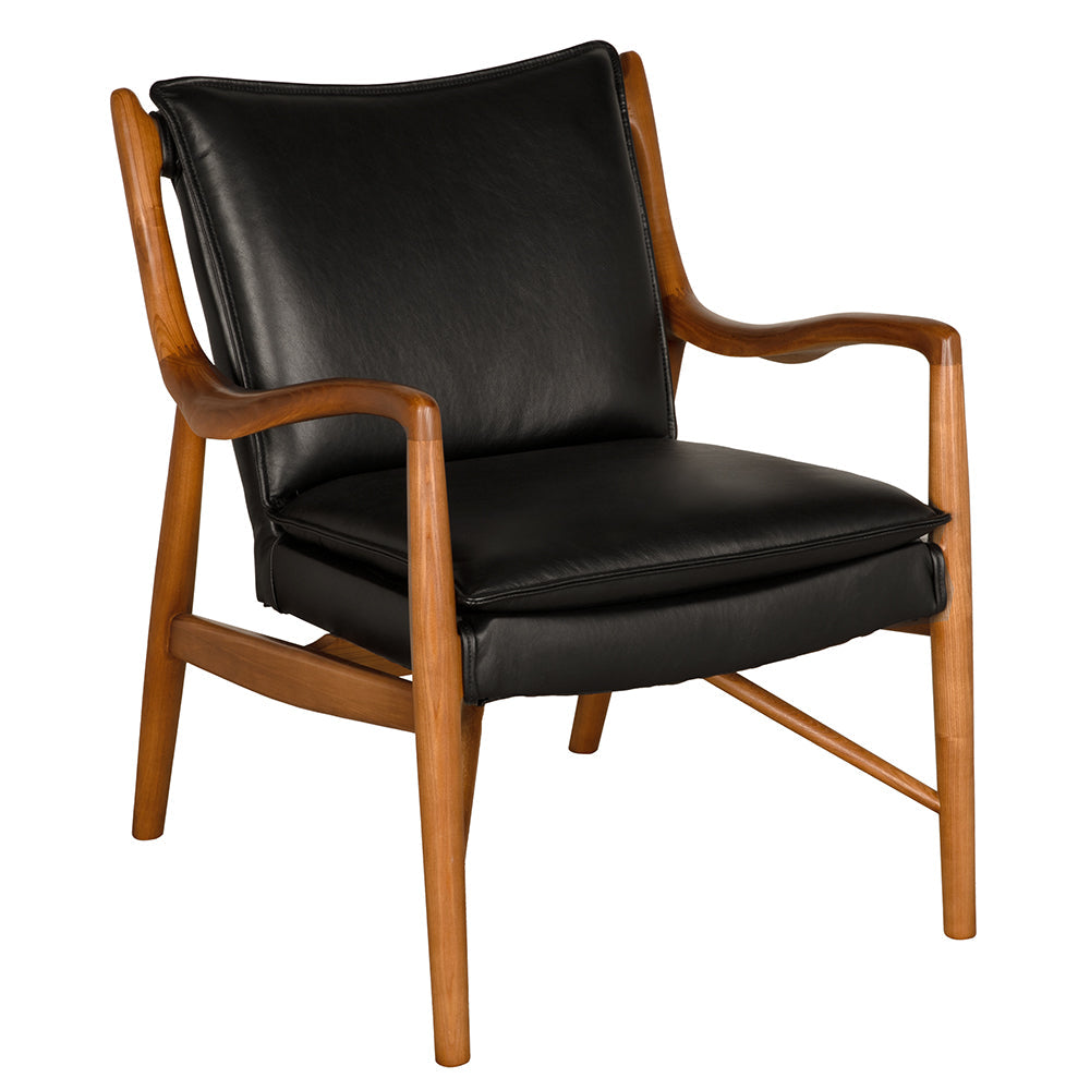 Alternate view of Weston Chair with Black Leather, featuring leather, wood, and fixed sculpted arms.