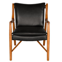 Weston Chair with Black Leather, shown in black and medium brown with leather, wood, and fixed sculpted arms.