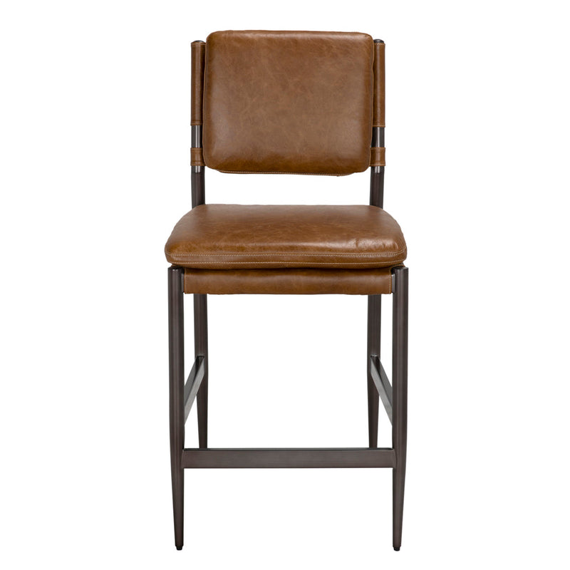 Alternate view of Wooster Counter Chair, Cuba Brown Leather in cognac brown and dark gunmetal.