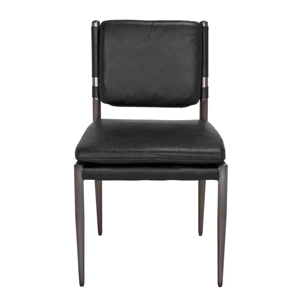 Elvis Chair, shown in black with leather, metal, and armless.