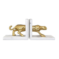 Leon White Marble Bookends, shown in gold and white with metal, marble, and paired opposing bookends.