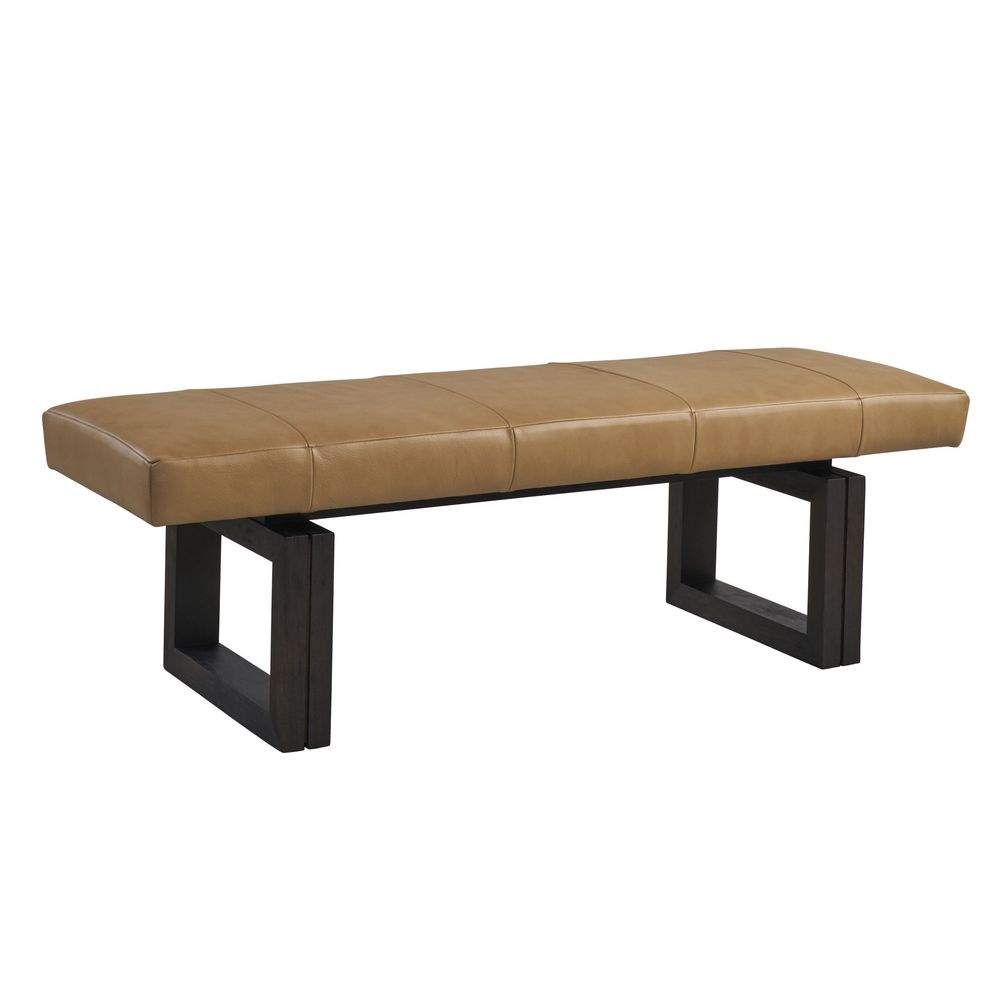 Luxor Leather Bench, shown in camel tan and espresso brown with leather, wood, and backless armless multi-seat bench.