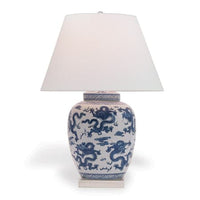 Dragon Navy Lamp, shown in white and blue with porcelain, fabric, and a hardback fabric shade.