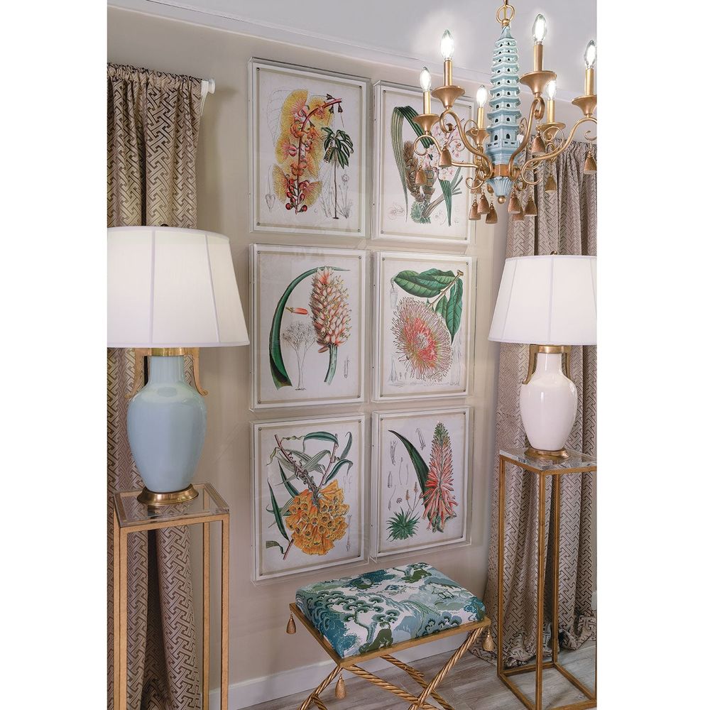 Alternate view of Glenda Lamp, featuring glossy glaze finish, porcelain, brass, and a empire fabric shade.