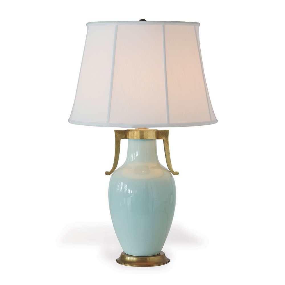Glenda Lamp, shown in celadon and white with porcelain, brass, and a empire fabric shade.