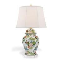 Lake Agawam Lamp, shown in cream white and green with porcelain ceramic and fabric.
