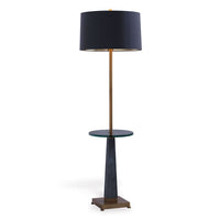 Cairo Floor Lamp with Table, shown in black and antique brass with metal, glass, and integrated round glass side table.