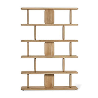 Laurel Shelving, shown in light natural oak and warm beige with solid oak wood and five open display shelves.