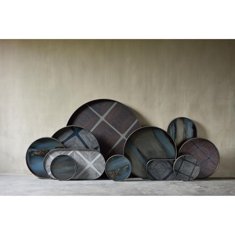 Additional view of Linear Squares Glass Tray in dark brown and black, featuring matte metal finish and shallow raised rim.