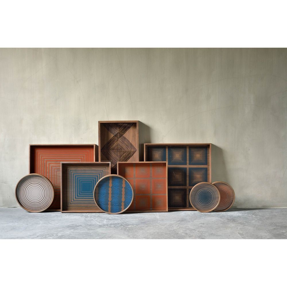 Additional view of Squares Glass Tray in walnut brown and black, featuring raised perimeter rim for containment.