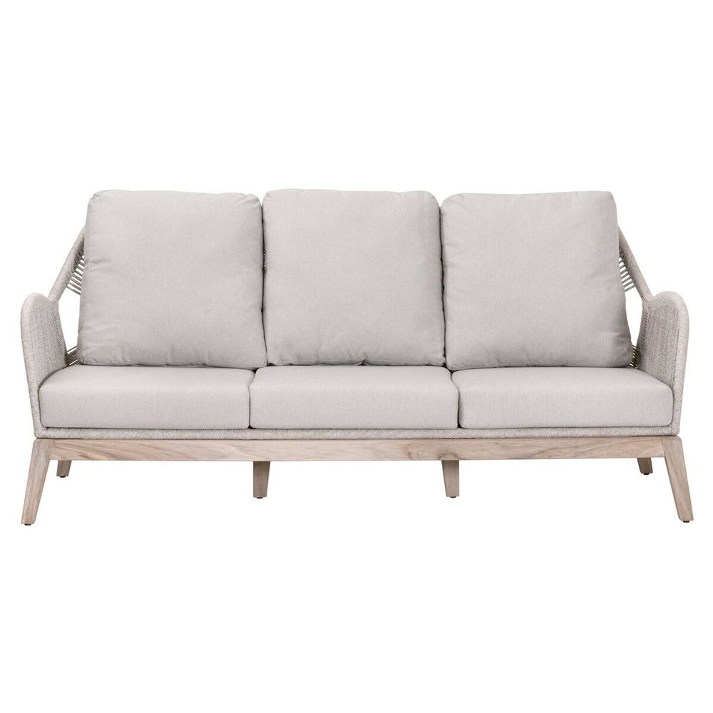 Loom Outdoor 79" Sofa, shown in light gray and natural blonde wood with performance fabric and woven rope.