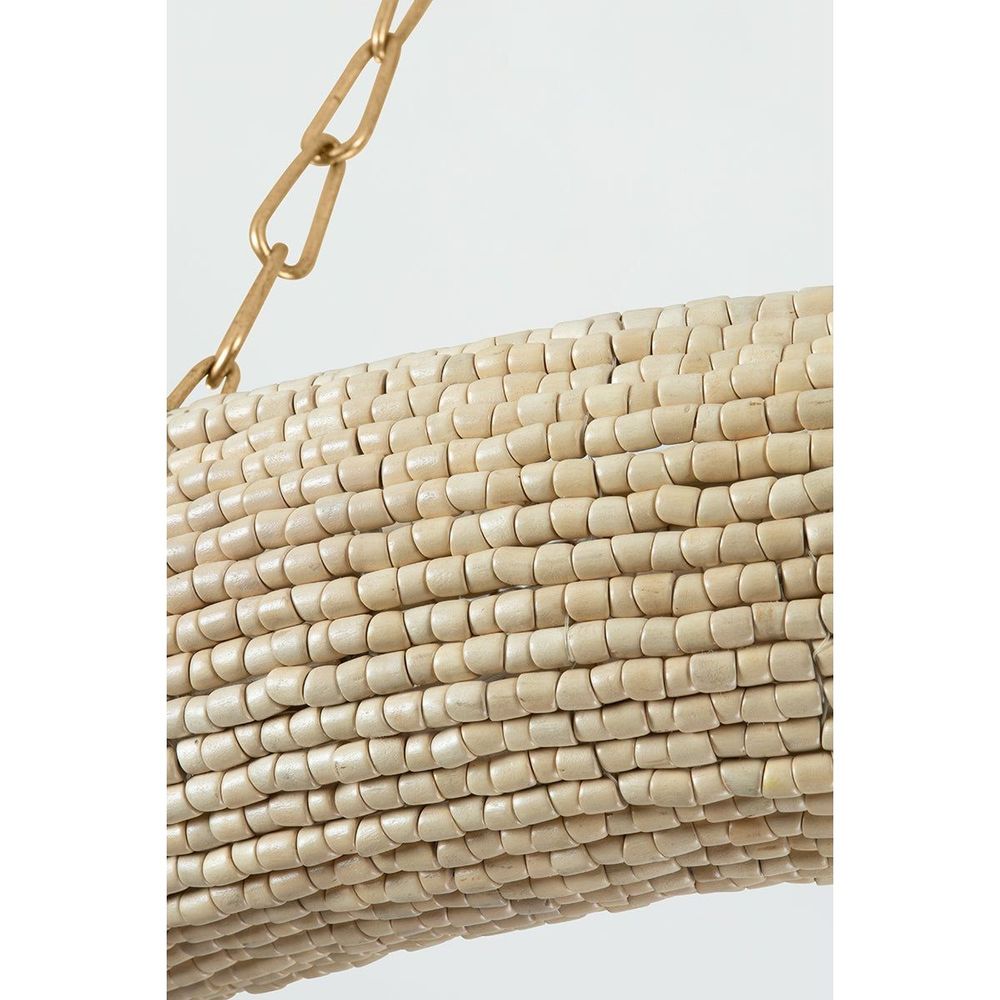 Alternate view of Lure Chandelier, featuring matte natural bead, wood beads, metal, and a ceiling-mounted canopy.