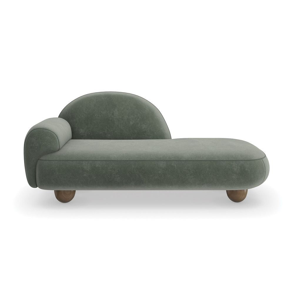 Memphis Chaise, shown in sage green and dusty green with velvet upholstery, solid wood, and single fixed armrest.
