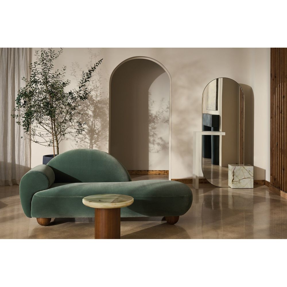 Alternate view of Memphis Chaise, featuring velvet upholstery, solid wood, and single fixed armrest.