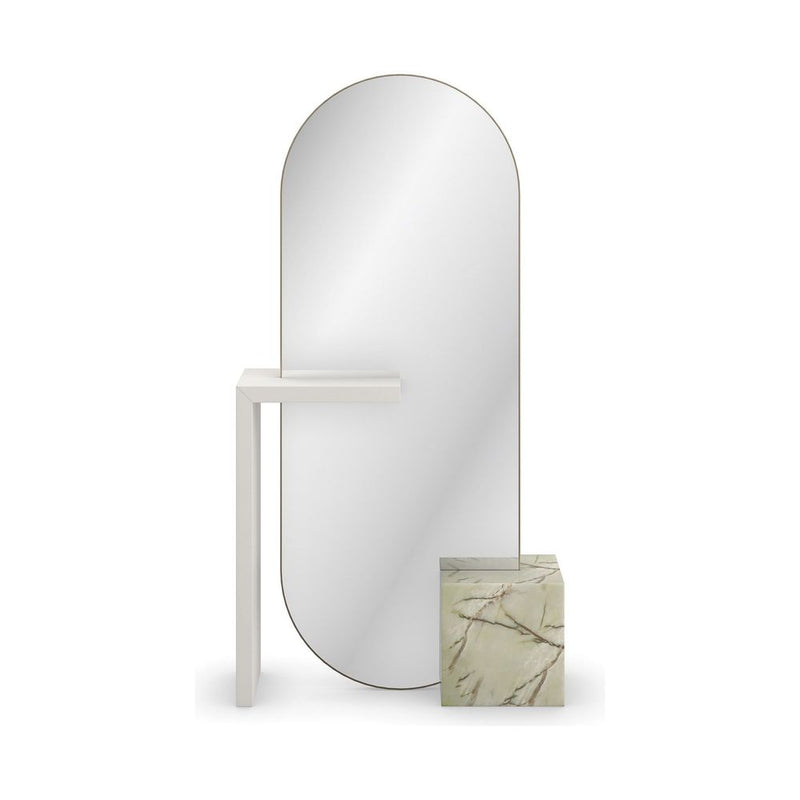 Alternate view of Monte Carlo Mirror, featuring matte paint finish, mirror glass, marble, and freestanding floor mirror.