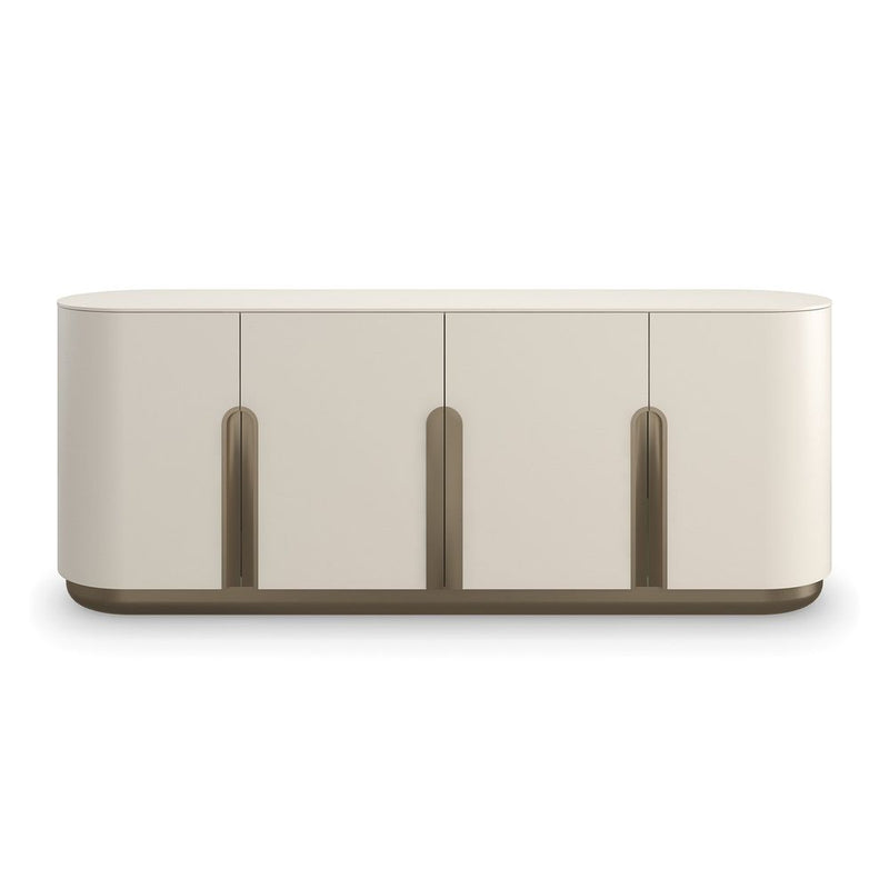 Casablanca Sideboard, shown in ivory and cream with lacquered wood, metal, and four hinged cabinet doors.