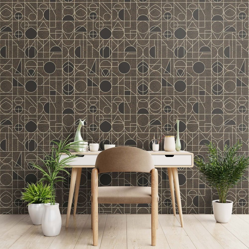 Kali Wallpaper, shown in charcoal and ivory with wallpaper and large-scale pattern repeat requiring seam alignment.