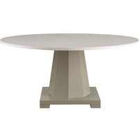 Bowen Dining Table, shown in warm white and light taupe gray with wood and lacquered composite or wood top.
