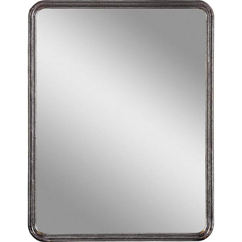 Molten Mirror, shown in charcoal gray and silver with metal, glass, and wall-mountable mirror.