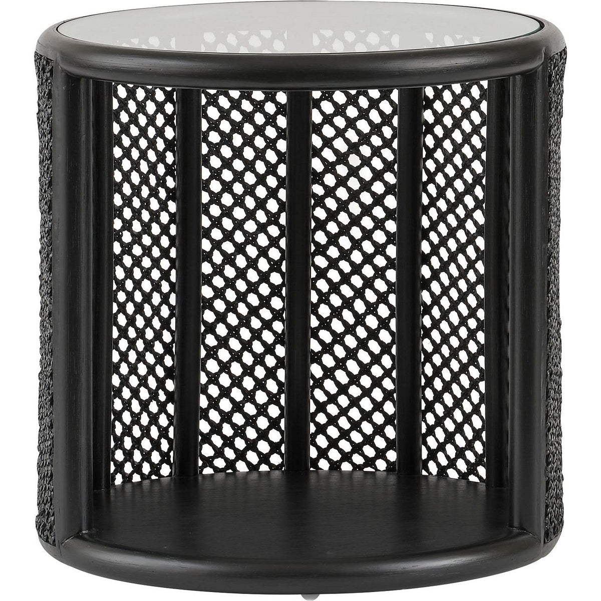 Taru Side Table, shown in black with glass, wood, and integrated lower shelf.