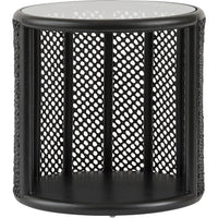 Taru Side Table, shown in black with glass, wood, and integrated lower shelf.