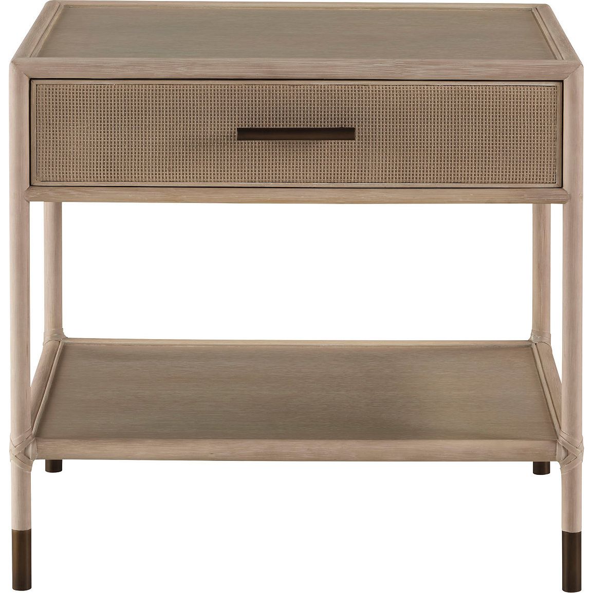 Platform Night Table, shown in light beige and warm taupe with wood, cane, and single drawer with integrated recessed pull.