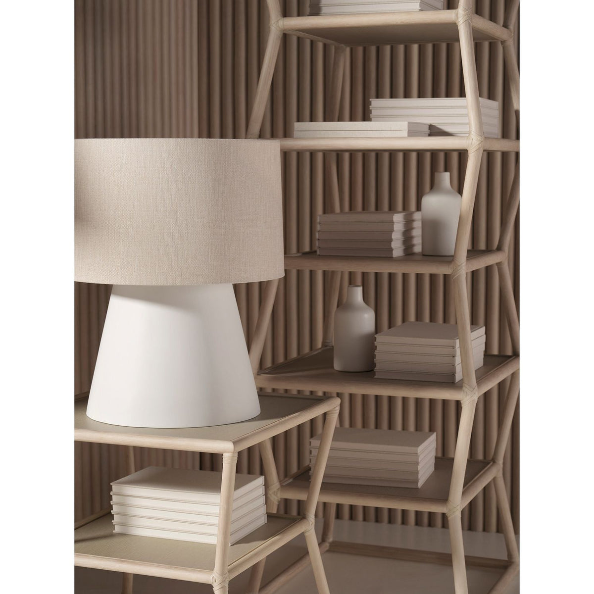 Additional view of Cinch End Table in light natural beige and warm taupe, featuring two-tier open shelving.