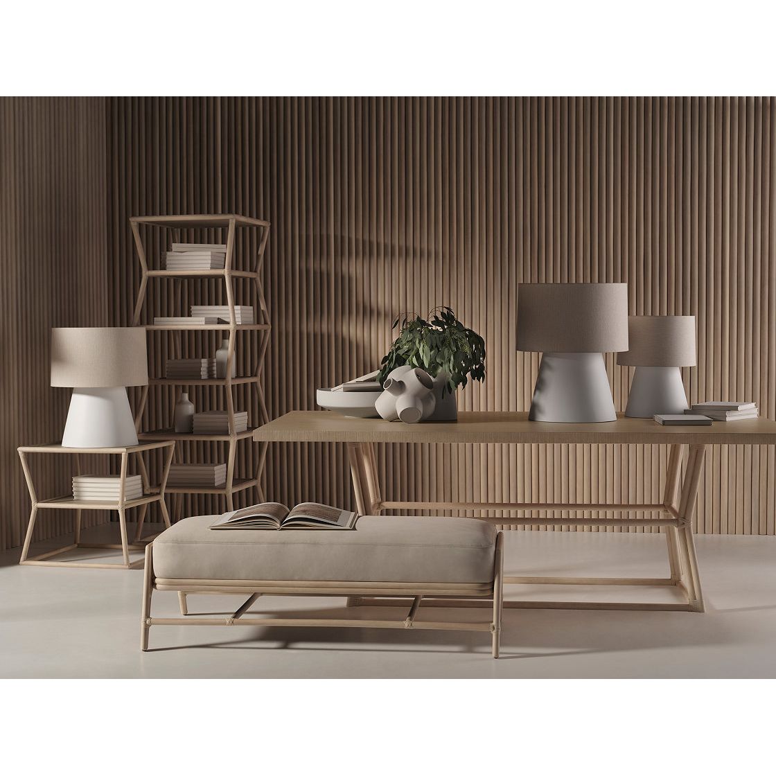 Alternate view of Cinch End Table, featuring rattan, cane, and two-tier open shelving.