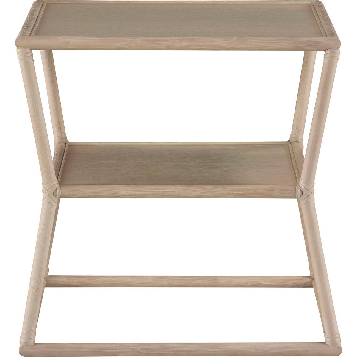 Cinch End Table, shown in light natural beige and warm taupe with rattan, cane, and two-tier open shelving.