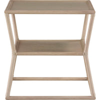 Cinch End Table, shown in light natural beige and warm taupe with rattan, cane, and two-tier open shelving.