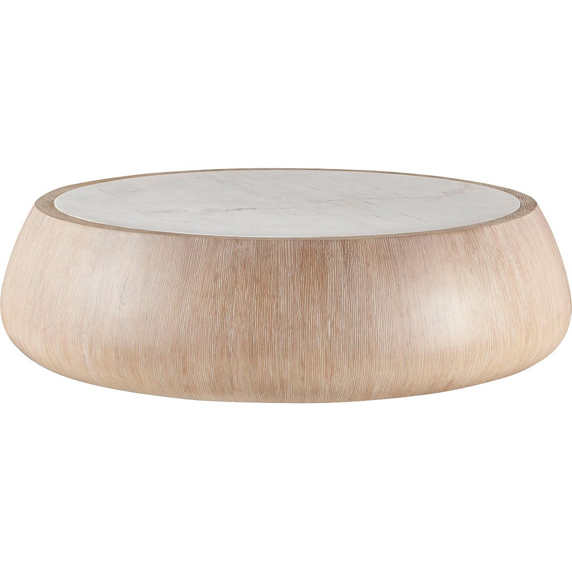 Drum Cocktail Table, shown in blonde wood and white with wood, marble, and a solid drum base.
