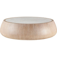 Drum Cocktail Table, shown in blonde wood and white with wood, marble, and a solid drum base.