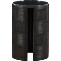 Weave Side Table, shown in black and dark charcoal with wood, glass, and round glass tabletop.